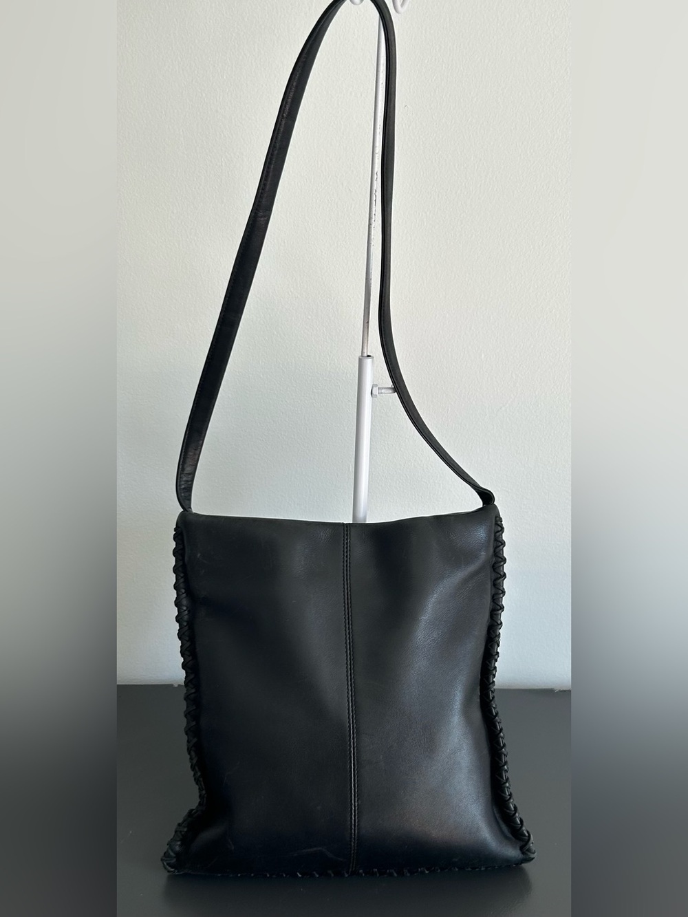Kenneth Cole Black Leather Whipstitch Hobo Shoulder Bag Slouchy Y2K - Picture 3 of 13